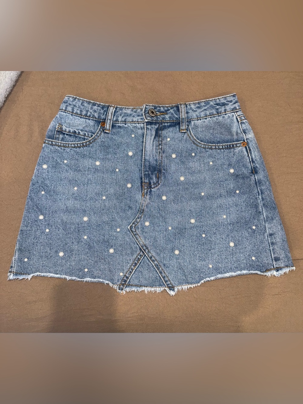 Pearl-Accent Light Blue Denim Mini Skirt